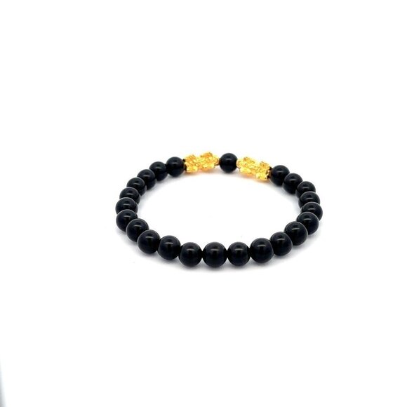 18K Gold Dragon Pixiu Double Piyao Lucky Charm Bracelet Gemstones Onyx 6mm - Picture 5 of 5